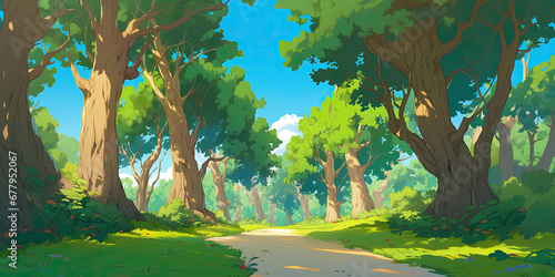 Anime cartoon. style beautiful forest woodland background trees backdrop wide nature, generated ai photo