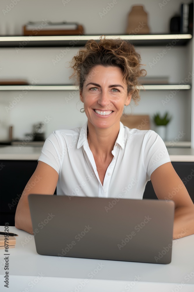 confident business woman with laptop on desk looking at camera while working from home. generative AI confident business woman with laptop on desk looking at camera while working from home. generative AI