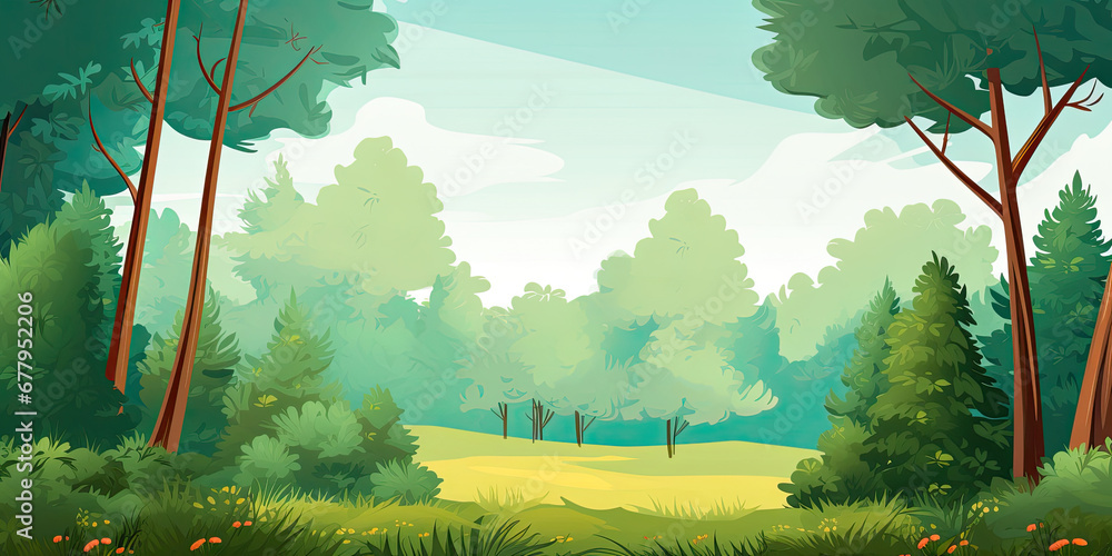 Anime cartoon. style beautiful forest woodland background trees backdrop wide nature, generated ai Anime cartoon. style beautiful forest woodland background trees backdrop wide nature, generated ai