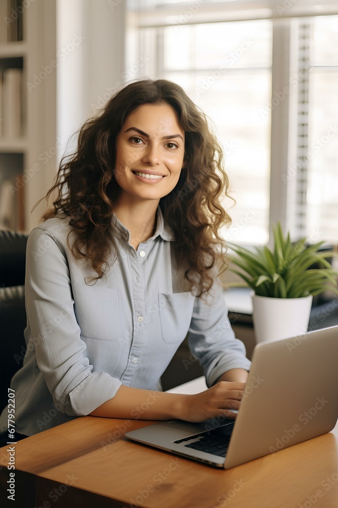 confident business woman with laptop on desk looking at camera while working from home. generative AI confident business woman with laptop on desk looking at camera while working from home. generative AI