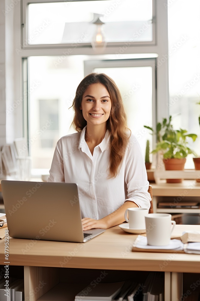 confident business woman with laptop on desk looking at camera while working from home. generative AI confident business woman with laptop on desk looking at camera while working from home. generative AI