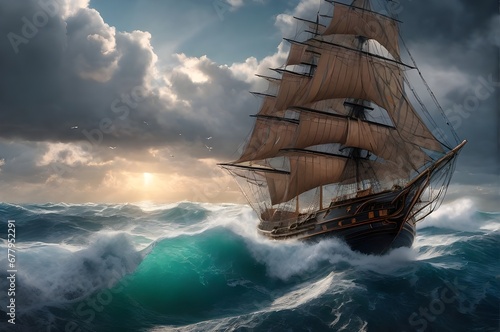 Vintage 18s ship in the ocean oil painting