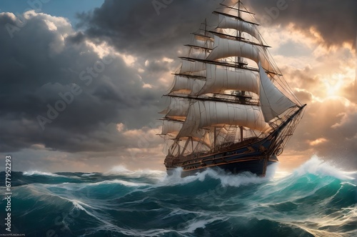 18s vintage oil painting of ship crossing the ocean
