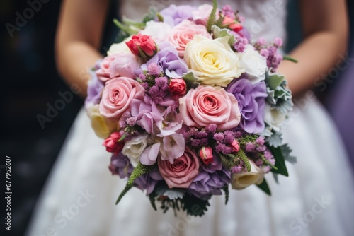 Beautiful wedding bouquet for the bride with white  rosy and purple roses