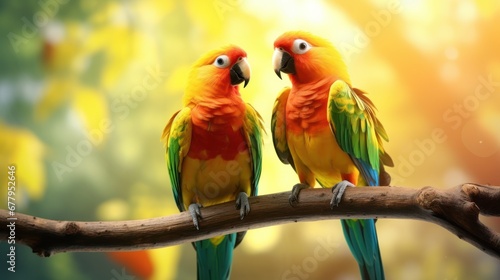 The two orange body and green color at the wing end parrot in the wooden bar in the place with the green blur background of trees.