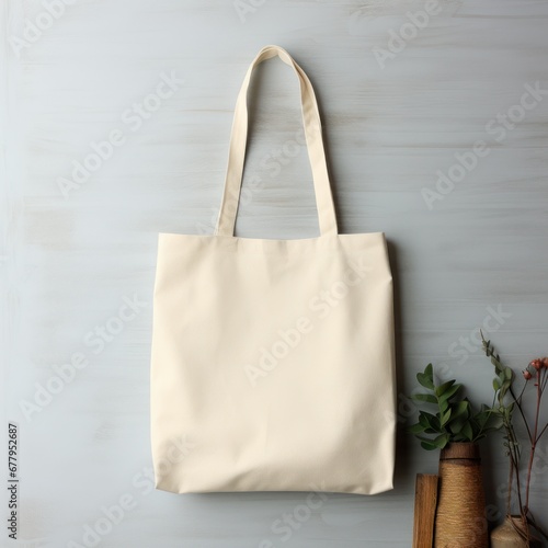 white fabric tote bag for save environment on black and white background photo