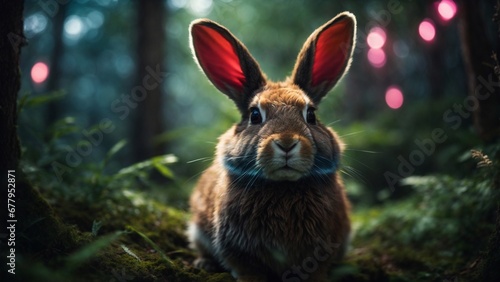 A close-up high-resolution image of a cute rabbit in a beautiful forest. © Rizal Faizurohman