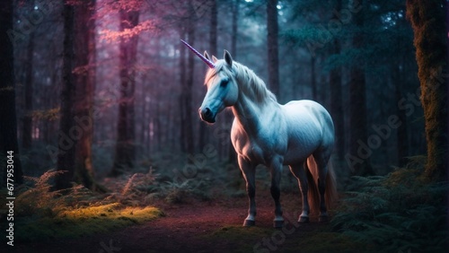 A close-up high-resolution image of a mythical unicorn in magical forest.