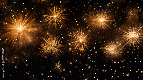 Golden fireworks isolated layer on black background  night festive view abstract