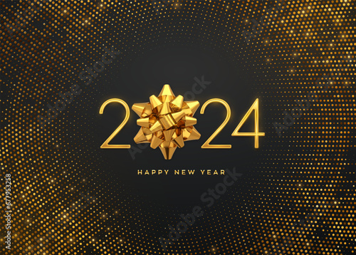 Happy New Year 2024. Golden metallic luxury numbers 2024 with golden gift bow on shimmering background. Greeting card. Bursting backdrop with glitters. Festive poster or banner. Vector illustration.