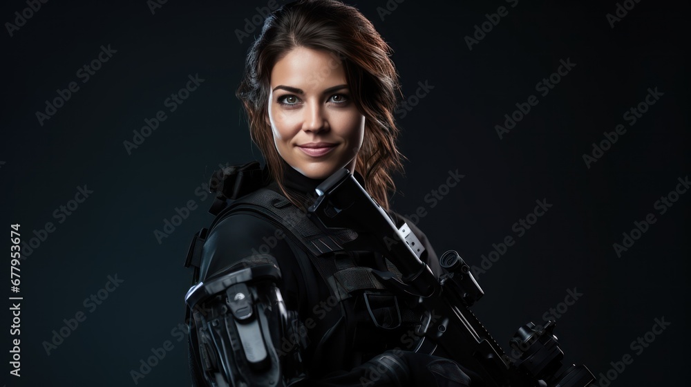 A Beautiful female special agent commando smiling in operational gear and weapons. A Beautiful female special agent commando smiling in operational gear and weapons.