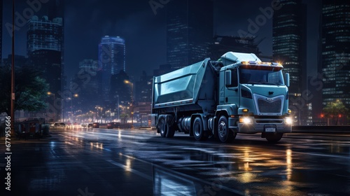 A Garbage trucks collecting garbage in the quiet night of a big city, government garbage collectors at work, a cold night, bright lights of tall buildings.