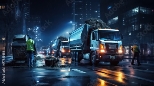 A Garbage trucks collecting garbage in the quiet night of a big city  government garbage collectors at work  a cold night  bright lights of tall buildings.