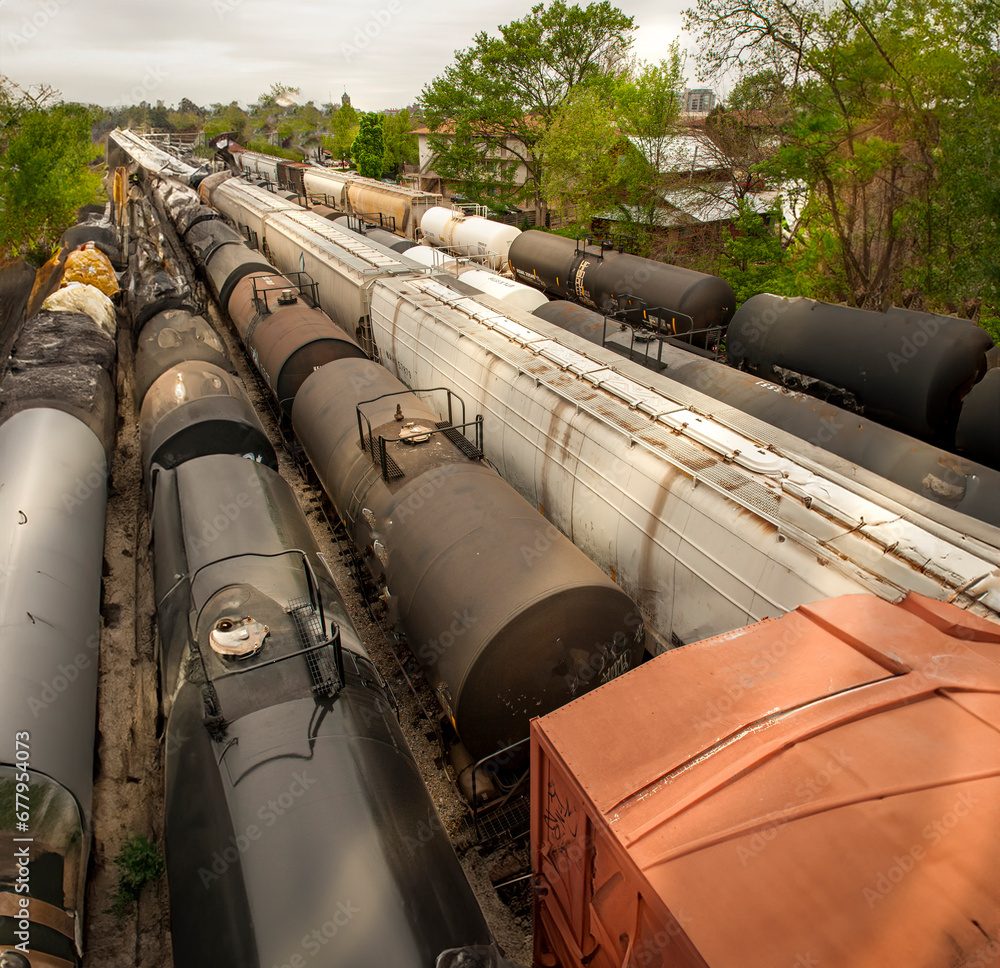 Above view of train cars on multiple trackes at a rail yard Above view of train cars on multiple trackes at a rail yard