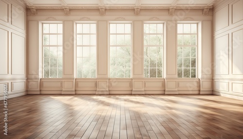 empty vintage living room interior with big windows and wooden floor