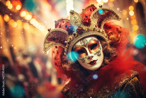 Intricate masquerade mask with vibrant colors and textures. Traditional celebration attire © Postproduction