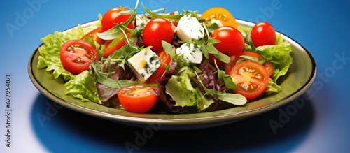 On a green leafy plate a health conscious person enjoyed a mixed salad bursting with vibrant vegetables like red tomatoes onions and cheese opting for a healthy diet by skipping meat and emb