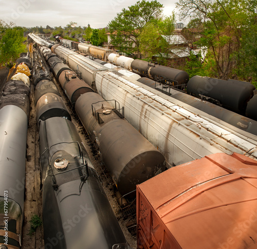 Above view of train cars on multiple trackes at a rail yard photo