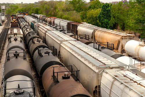 Above view of train cars on multiple trackes at a rail yard