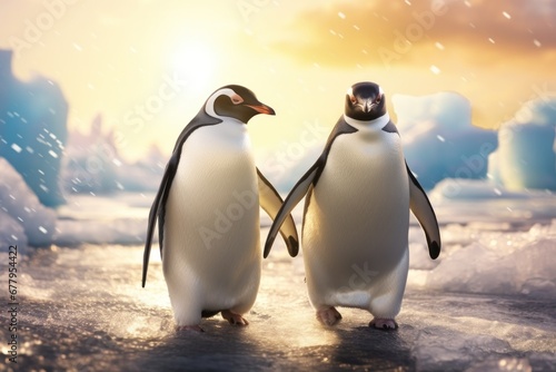 Nature and wildlife, serene scene of two penguins bonded by flippers with iceberg backdrop photo
