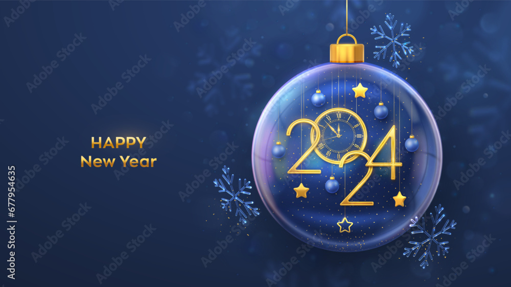 Happy New Year 2024. Hanging Golden numbers 2024, stars, watch with Roman numeral and countdown midnight, in a transparent glass ball on blue background. Greeting card, banner, poster, flyer. Vector. - obrazy, fototapety, plakaty 
