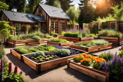 Rustic Elegance: Wooden-Raised Beds Blossoming in a Modern Countryside Garden