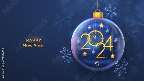 Happy New Year 2024. Hanging Golden numbers 2024, stars, watch with Roman numeral and countdown midnight, in a transparent glass ball on blue background. Greeting card, banner, poster, flyer. Vector.