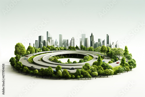 Modern city with roundabout and green trees. 3D rendering.