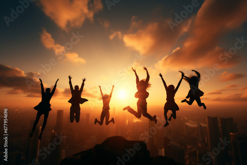 Silhouette of a group of young people jumping in the air