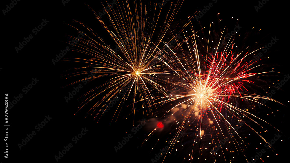 Golden fireworks isolated layer on black background, night festive view abstract Golden fireworks isolated layer on black background, night festive view abstract