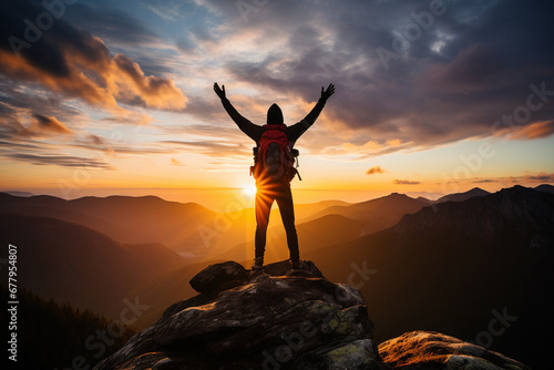 Cheering hiker open arms on top of a mountain at sunrise