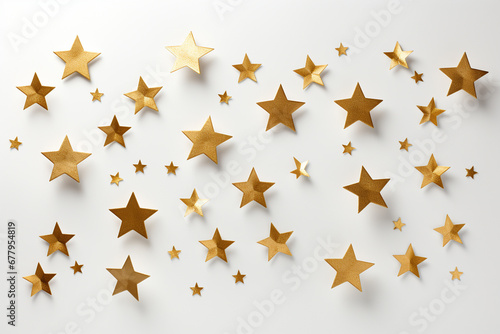 Golden stars confetti on white background. Flat lay  top view