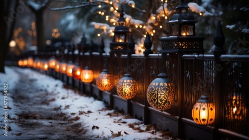 Christmas decorations on the street with warm lights  spheres on the snow and small lights  waiting for Christmas