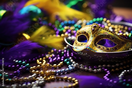 Fototapeta Feathered masks in Mardi Gras colors, festive adornment and celebration