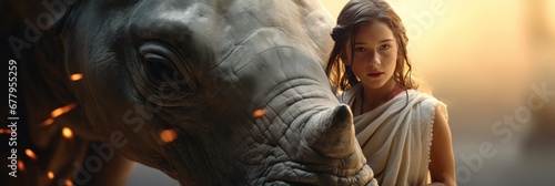 a young girl next to a rhinoceros, in the style of realistic fantasy artwork, generative AI