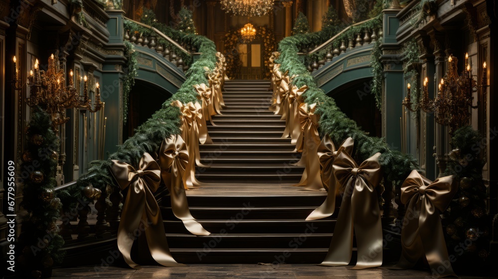 Stairs of a large mansion railings decorated with golden bows, Christmas decorations preparing everything for Christmas Stairs of a large mansion railings decorated with golden bows, Christmas decorations preparing everything for Christmas