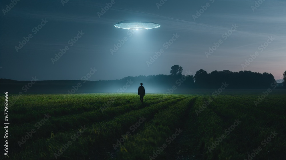 First Encounter Man Meets Alien by Landed UFO in Field at Night