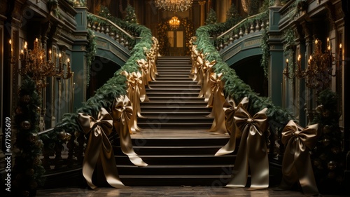Stairs of a large mansion railings decorated with golden bows, Christmas decorations preparing everything for Christmas