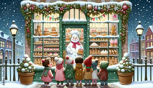 Winter Wonderland Children Gazing at a Festive Pastry Shop