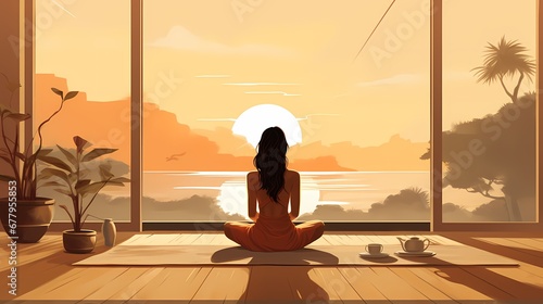 A woman meditates in a room facing a large window with a sunrise view over the water, coffee and plants beside her