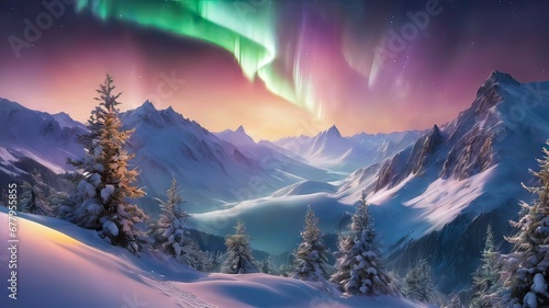 Landscape with mountains and Aurora.