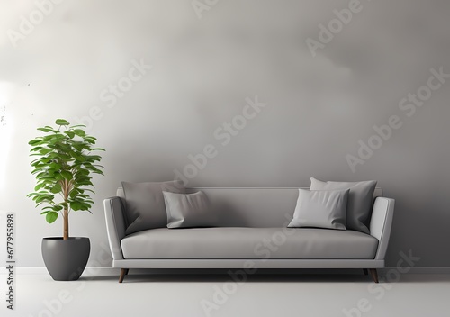 Modern living room with a comfortable couch  white walls  wooden floor  and green potted plants.