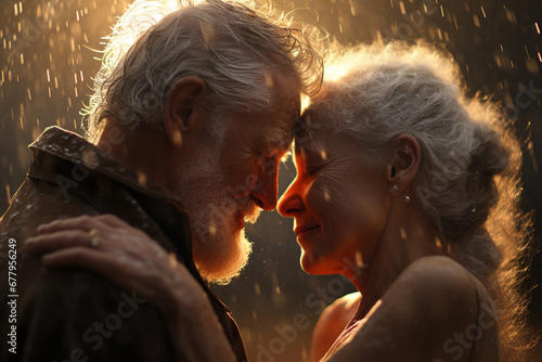 portrait of a kissing under rain elderly couple, true love