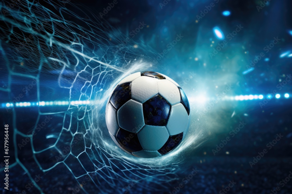 Naklejka premium Football is in the goal with blue sky and water spray splashing