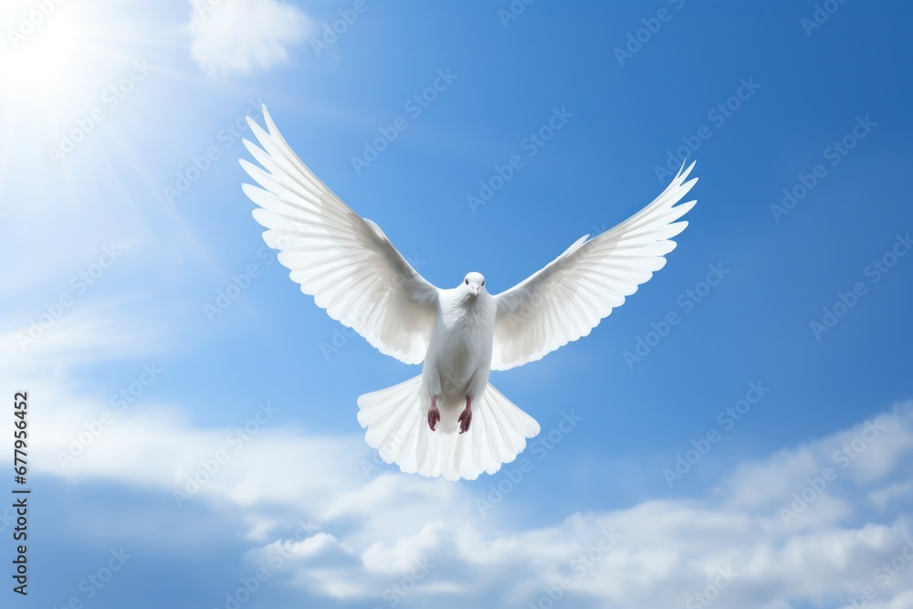 Obraz premium Dove in the air with wings wide open in-front of the sun