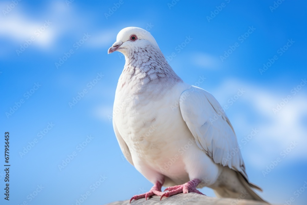 Naklejka premium Dove in the air with wings wide open in-front of the sun