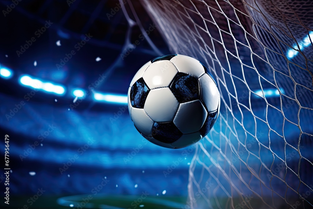 Naklejka premium Football is in the goal with blue sky and water spray splashing