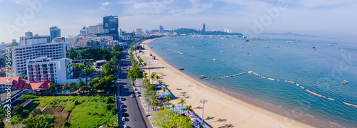 Pattaya Thailand, a view of the beach road with hotels and skyscrapers buildings alongside the renovated new beach road in the morning photo