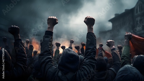 Fists In The Air Protesters During A Riot Smoke In The Background.  (Generative AI). photo