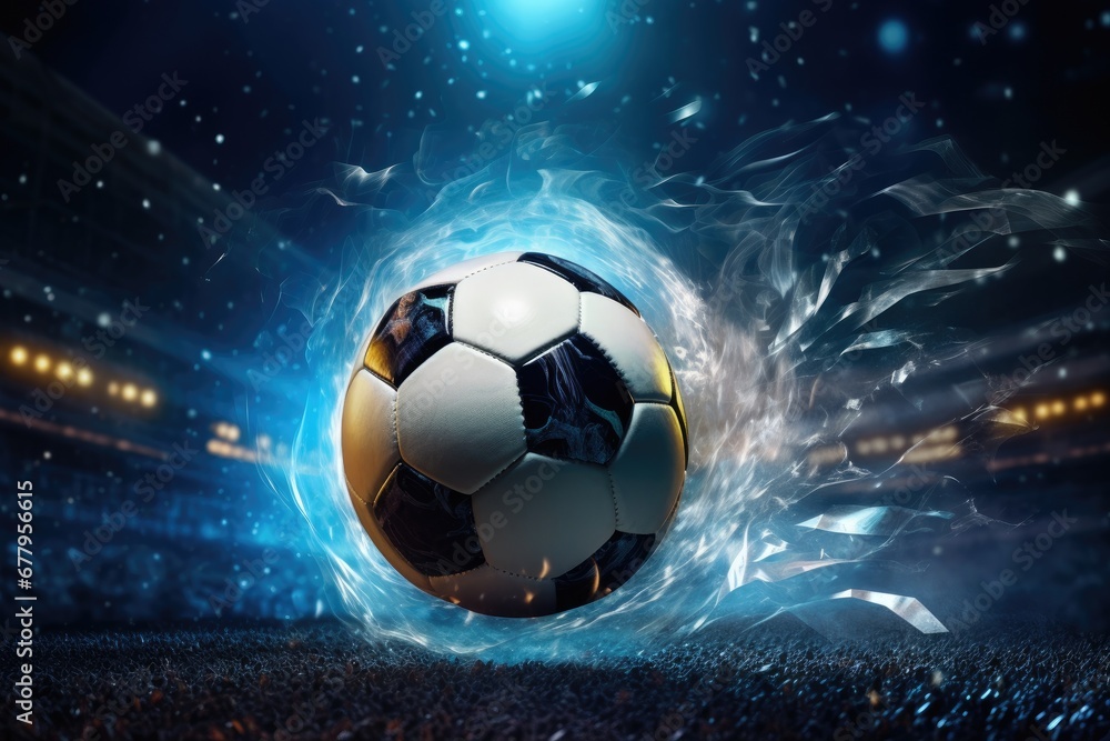 Naklejka premium Football is in the goal with blue sky and water spray splashing